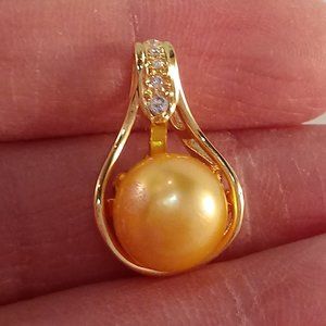 Gold 925 Silver Diamond Zircon AAAA Real Golden South Sea Pearl Necklace Pendant